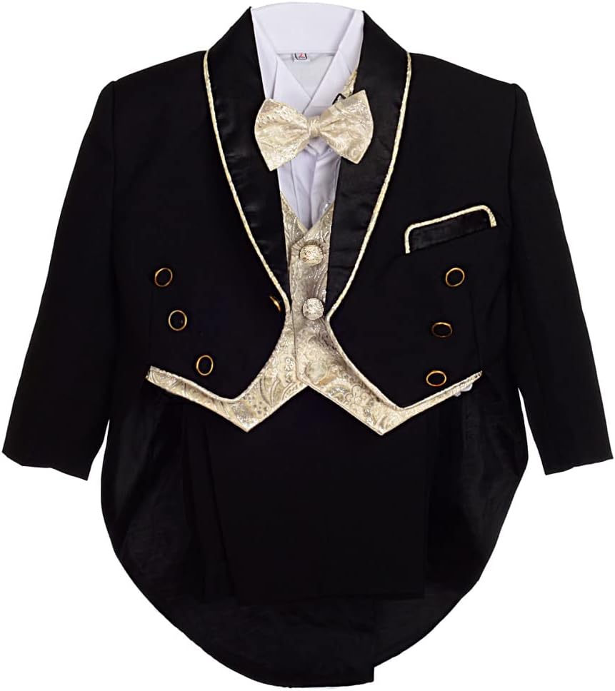 Dressy Daisy Baby Boy Classic Tuxedo Suit 5 Pcs Set Formal Dress Wear Wedding Outfit with Gold Jacquard Vest, Black/White