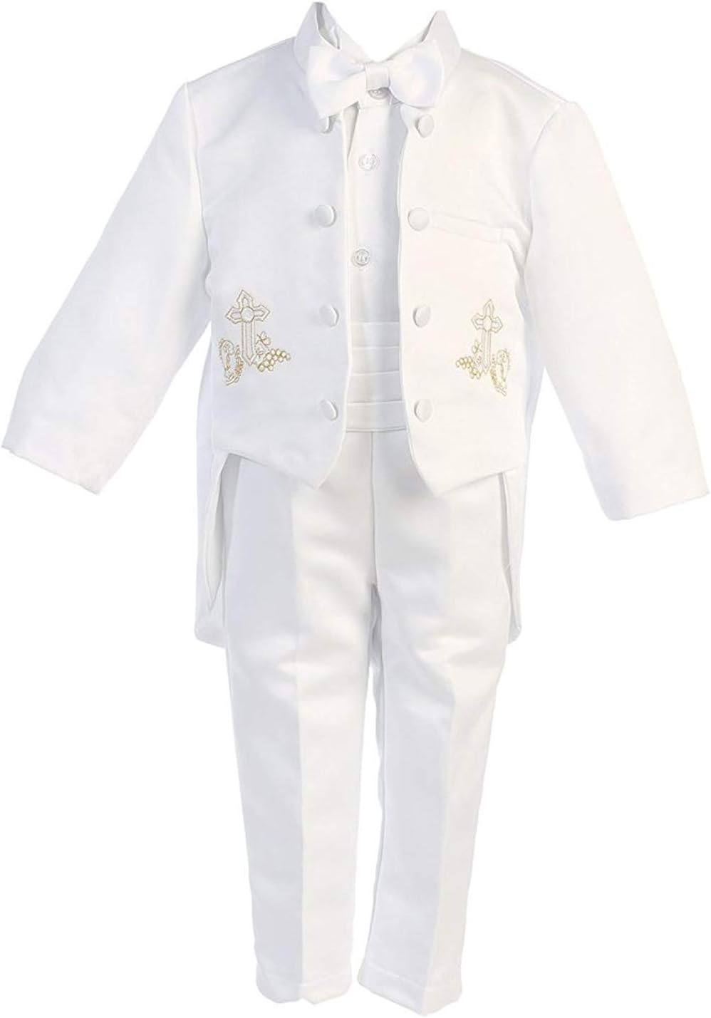 iGilrDress Baby/Toddler/Boys White Baptism Christening Mandarin Collar Tail 5 pcs Tuxedo with Cross Embroidery