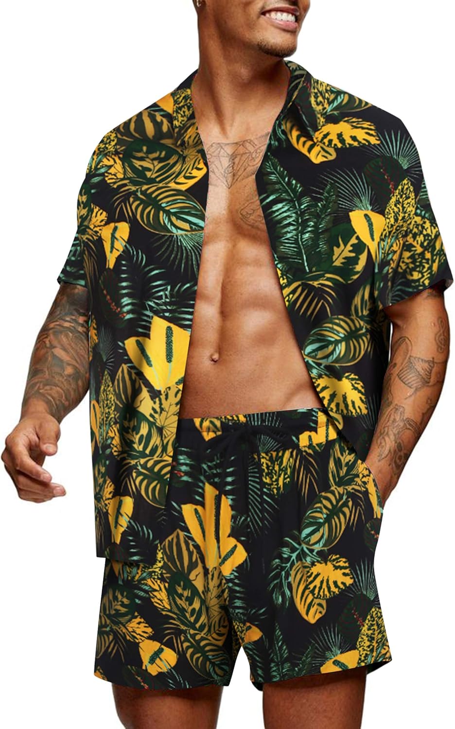 COOFANDY Men's Hawaiian Matching Set Summer Tropical Beach Shirt 2 Piece Outfits Flower Button Down Shirts and Shorts