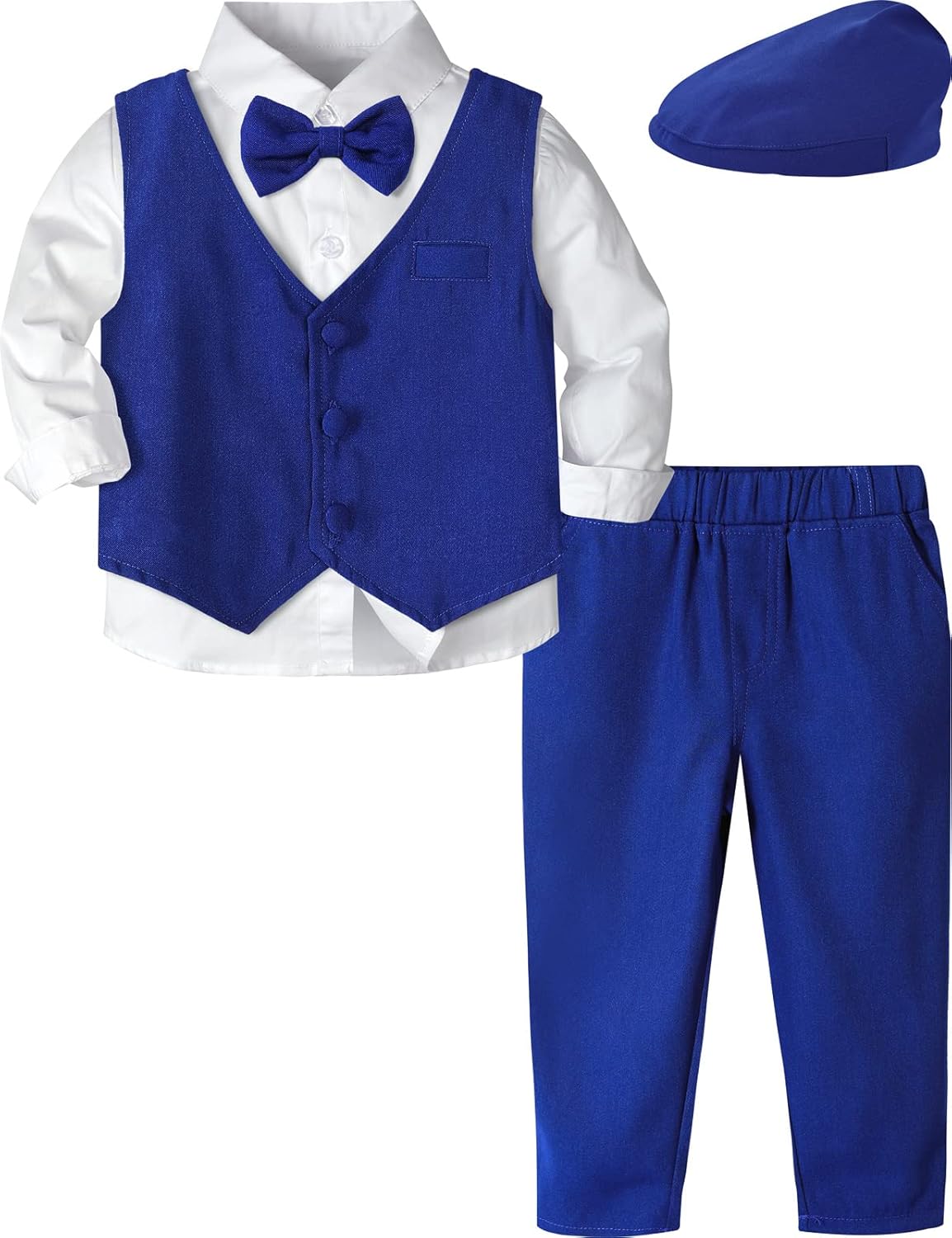 A&J DESIGN Toddler 4-Piece Formal Suits Baby Boy Gentleman Outfit with Dress Shirt, Bow Tie, Vest, Pants and Flat Hat