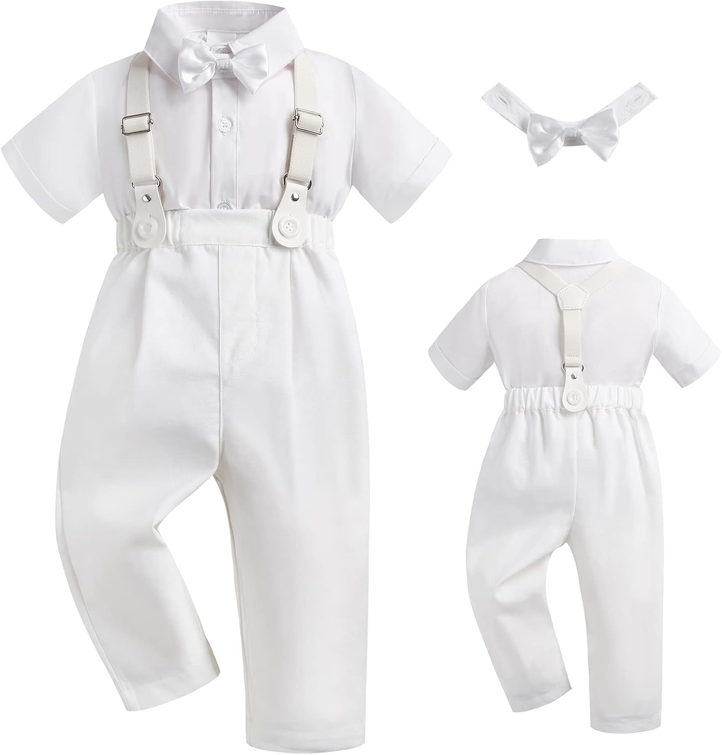 Booulfi Baptism White Suit for Baby Boys Christening Wedding Formal Suit Birthday Outfits Shirt Suspender Pant for Boys