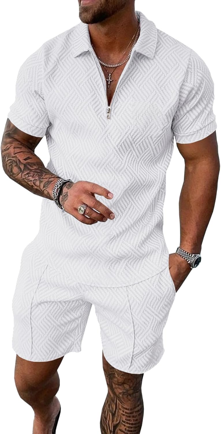 UOUA Mens Track Suits 2 Piece Sets Short Sleeve Sweatsuit Outfits 1/4 Zip Golf Polo Shirts Summer Shorts Loungewear