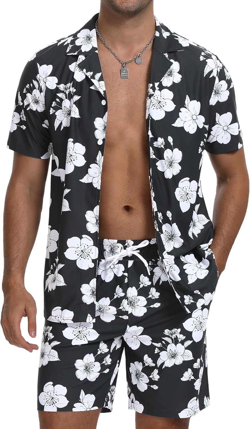 CRYSULLY Men's 2 Piece Outfits Summer Beach Short Sleeve Shirts and Shorts Button Down Hawaiian Printed Sets with Pockets