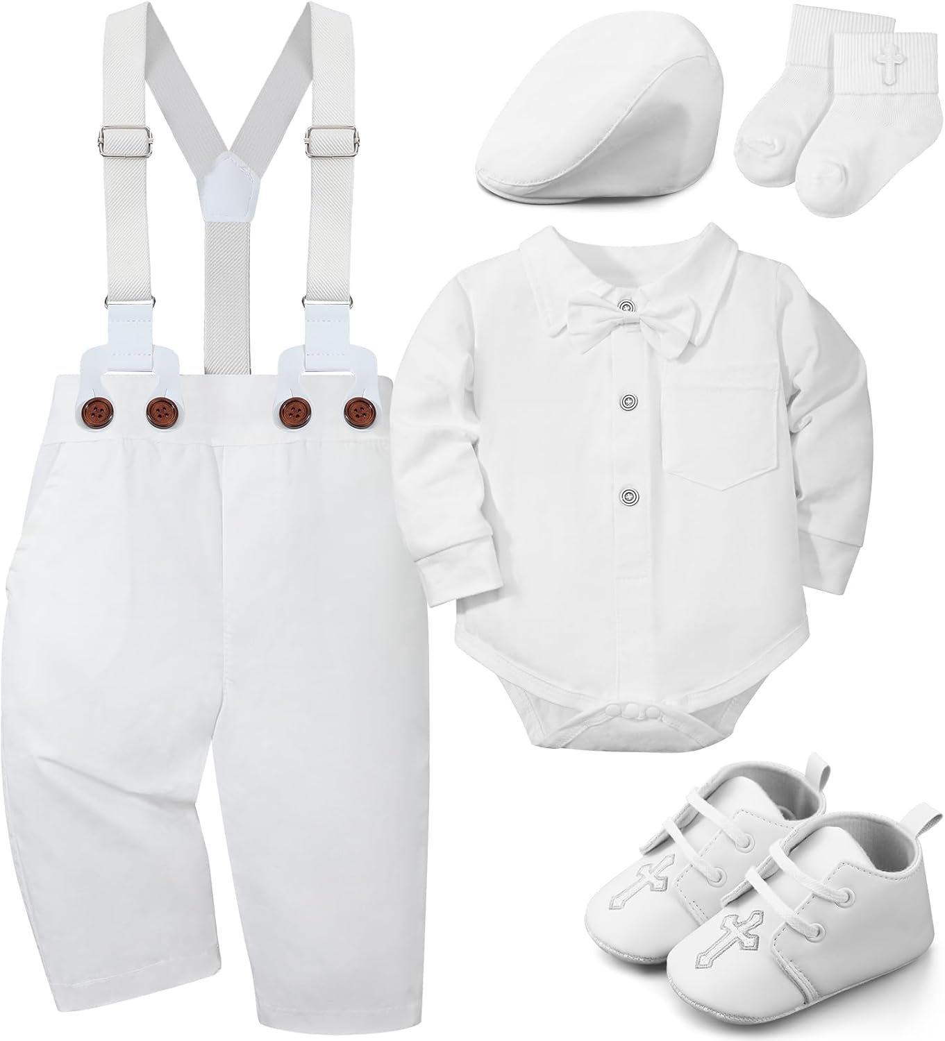 5 Pcs Baby Boy Baptism Outfits Includes Shirt Beret Hat Suspender Pants Shoes Socks Christening Outfits for Boys